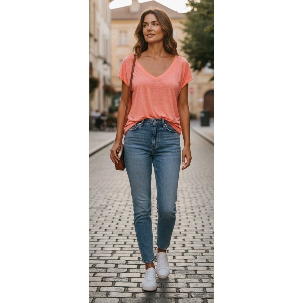 Athleta V-Neck Tee Getaway Slub Knit Coral Pink Orange Athleisure Preppy Coastal